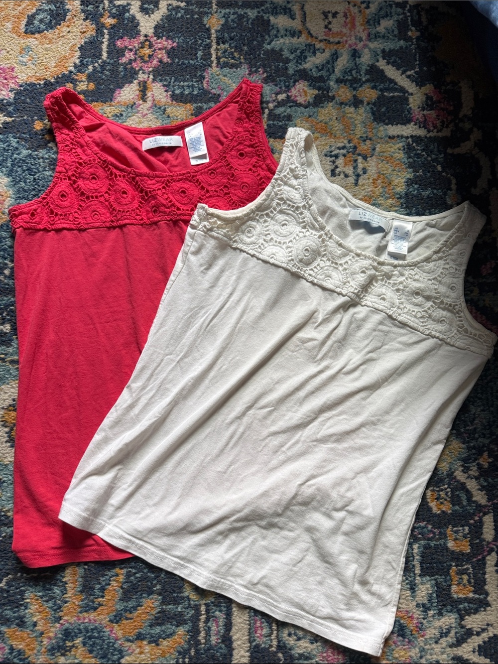 Liz Claiborne Red and Cream Crochet Yoke Tank Tops
